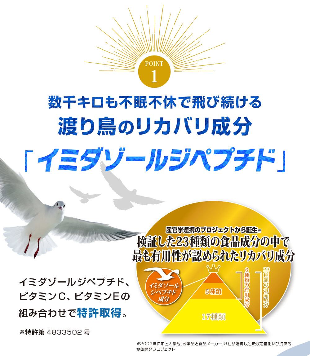 ポイント1数千キロも不眠不休で飛び続ける渡り鳥のリカバリ成分「イミダゾールジペプチド」。産官学連携のプロジェクトから誕生。検証した23種類の食品成分の中で最も有用性が認められたリカバリ成分。イミダゾールジペプチド、ビタミンＣ、ビタミンＥの組み合わせで特許取得。