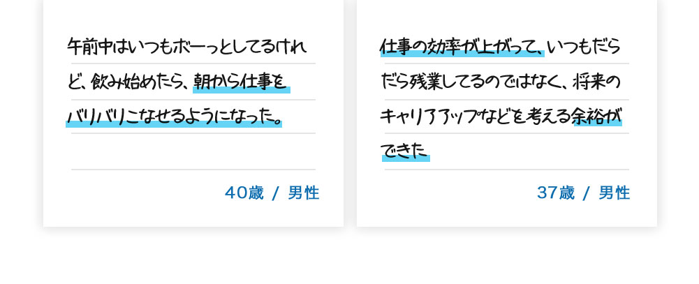 午前中はいつもぼーっとしてるけれど、飲み始めたら、朝から仕事をバリバリこなせるようになった。40歳/男性。仕事の効率が上がって、いつもだらだら残業してるのではなく、将来のキャリアアップなどを考える余裕ができた。37歳/男性