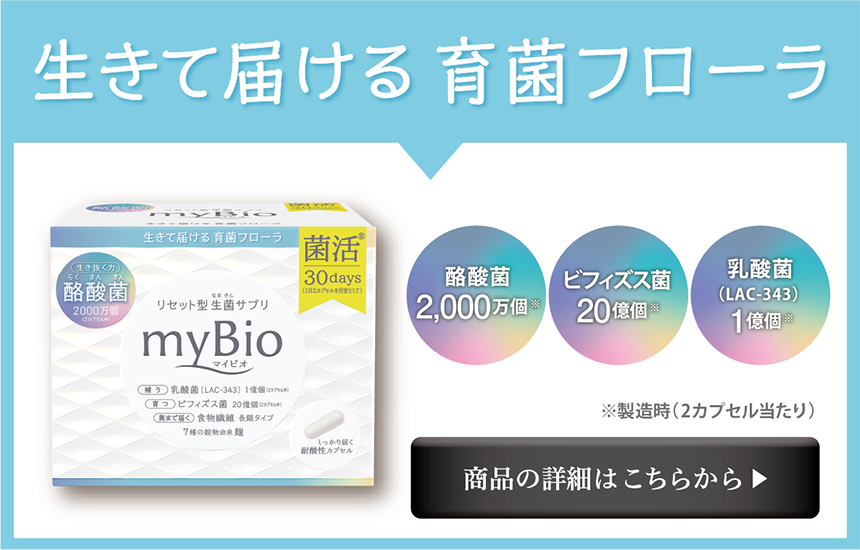 酪酸菌含有 リセット型生菌サプリ マイビオ（mybio）腸内環境検査キットプレゼント！