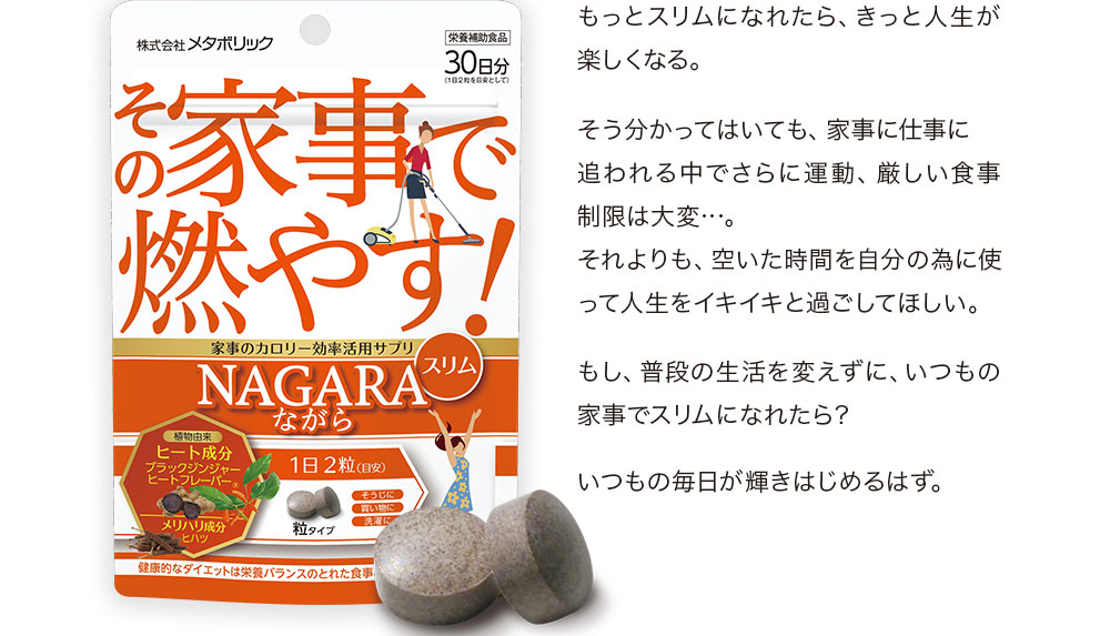 もっとスリムになれたら、きっと人生が楽しくなる。そう分かってはいても、家事に仕事に追われる中でさらに運動、厳しい食事制限は大変・・・。それよりも、空いた時間を自分の為に使って人生をイキイキと過ごしてほしい。もし、普段の生活を変えずに、いつもの家事でスリムになれたら？いつもの毎日が輝き始めるはず。