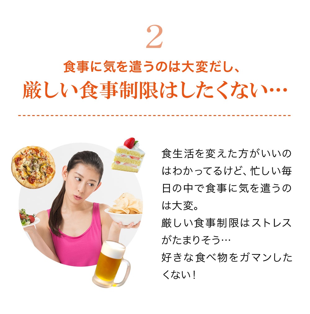 2.食事に気を遣うのは大変だし、厳しい食事制限はしたくない。食生活を変えた方がいいのはわかってるけど、忙しい毎日の中で食事に気を遣うのは大変。厳しい食事制限はストレスがたまりそう・・・好きな食べ物を我慢したくない！