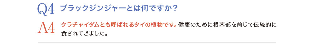 Q4.ブラックジンジャーとは何ですか？A4.クラチャイダムとも呼ばれるタイの植物です。健康ために根茎部を煎じて伝統的に食されてきました。