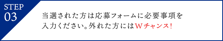 STEP03:当選された方は応募フォームに必要事項を入力ください。外れた方にはWチャンス！