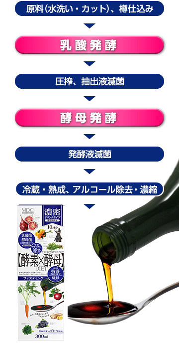 原料（水洗い・カット） 樽仕込み 乳酸発酵 圧搾 抽出液滅菌 酵母発酵 発酵液滅菌 冷蔵・熟成 アルコール除去・濃縮 酵素×酵母